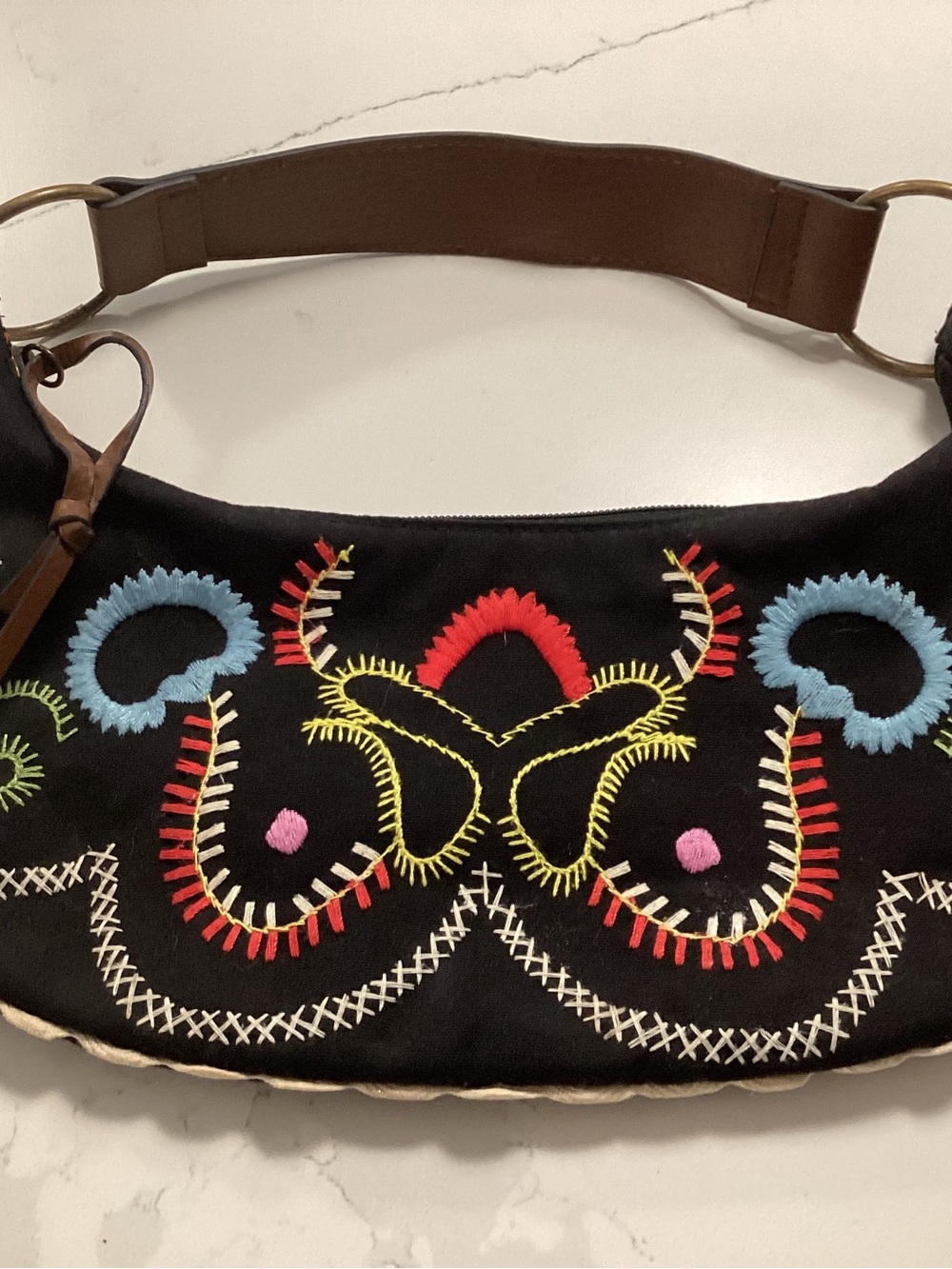 Black Embroidered Shoulder Bag with Multicolor Stitching